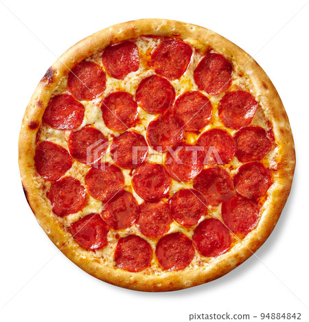 Spicy pepperoni pizza with sausage, tomato sauce and mozzarella cheese isolated on white 94884842