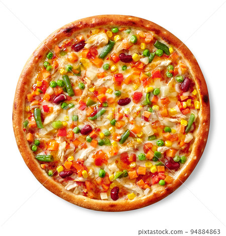 Top view of Mexican style pizza with chicken sous vide, colorful vegetable mixture, spicy sauce and mozzarella on white 94884863