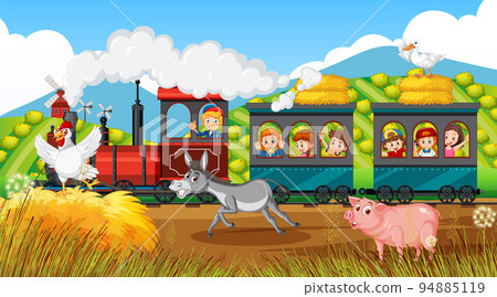 Many children riding on train in countryside 94885119