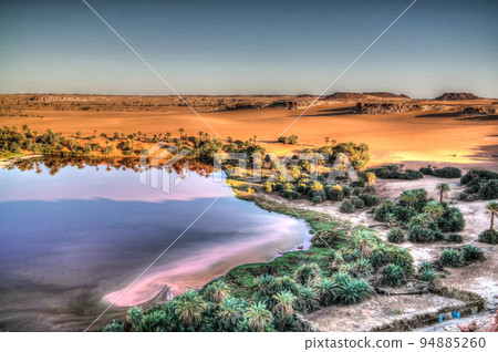 Sunset aerial Panoramic view to Yoa lake group of Ounianga kebir lakes at the Ennedi, Chad 94885260