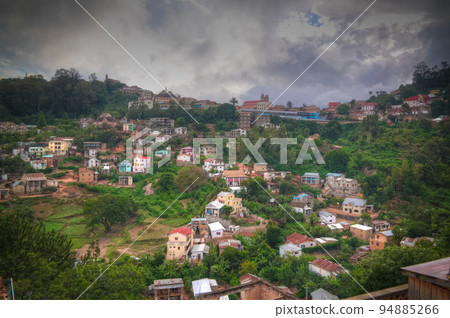Aerial panoramic view to Fianarantsoa city at sunset , Madagascar Aerial panoramic view to Fianarantsoa city at sunset , Madagascar 94885266