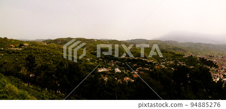 Panoramic aerial view to Berat old town and Osum river from Bera Panoramic aerial view to Berat old town and Osum river from Bera 94885276