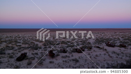 Panorama of ship cemetery at sunset near Moynaq, Karakalpakstan, Uzbekistan Panorama of ship cemetery at sunset near Moynaq, Karakalpakstan, Uzbekistan 94885300