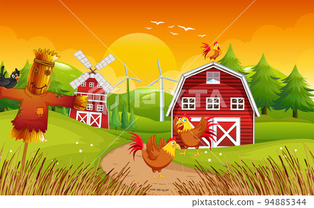 Farm scene with chickens and scarecrow Farm scene with chickens and scarecrow 94885344