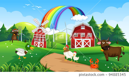 Farm scene with animals in the field Farm scene with animals in the field 94885345