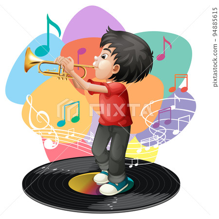 A boy playing trumpet and music melody symbols A boy playing trumpet and music melody symbols 94885615