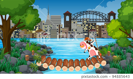 City scene with cow on the bridge City scene with cow on the bridge 94885643