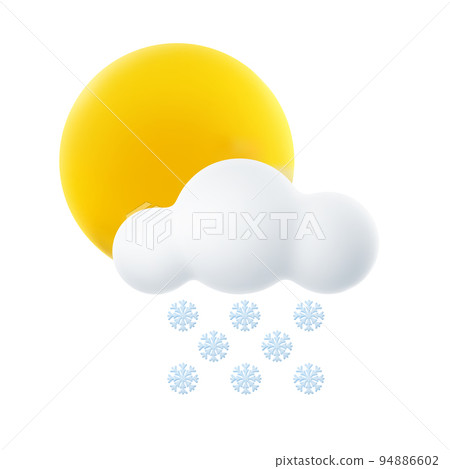 3D Cartoon Weather Icon of Cloudy with Snowfall. Sign of Sun, Cloud and Snowflakes Isolated on White Background. Vector Illustration of 3d Render. 94886602