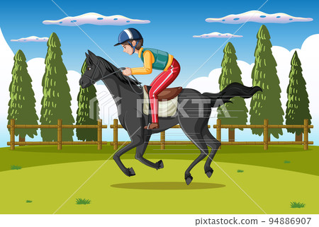 Horse riding scene with jockey and horse Horse riding scene with jockey and horse 94886907