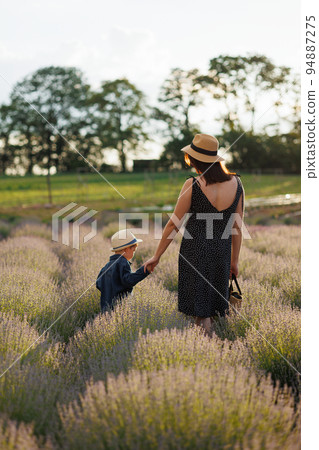 Mother with son in lavender field 94887275