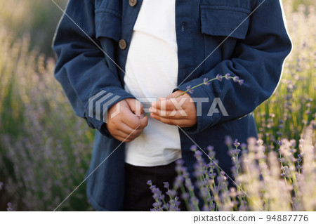 Boy with lavender flower in hand on the field Boy with lavender flower in hand on the field 94887776