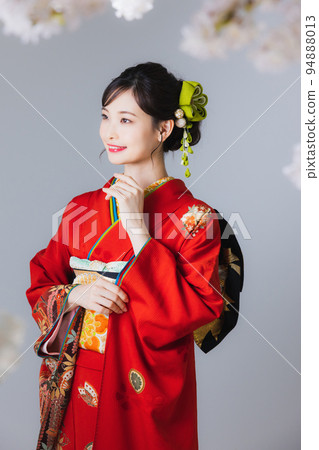 Vermillion red kimono hair ornament with knob work Vermillion red kimono hair ornament with knob work 94888013