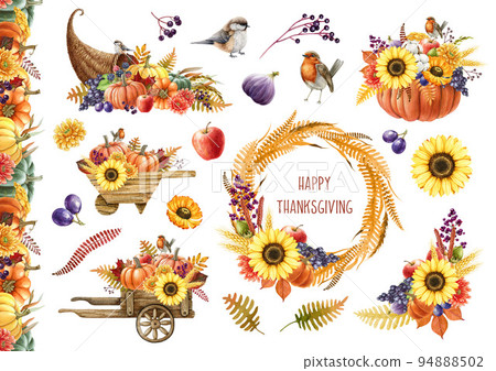 Thanksgiving vintage style decor set. Watercolor illustration. Hand drawn autumn floral design with pumpkin, fruit, cornucopia, fallen leaves, berries, barrow. Thanksgiving decoration elements set 94888502