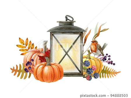 Autumn season vintage style floral decor with pumpkins. Watercolor illustration. Hand drawn vintage lantern with ripe pumpkins, autumn leaves robin bird. Countryside cozy decor. White background Autumn season vintage style floral decor with pumpkins. Watercolor illustration. Hand drawn vintage lantern with ripe pumpkins, autumn leaves robin bird. Countryside cozy decor. White background 94888503