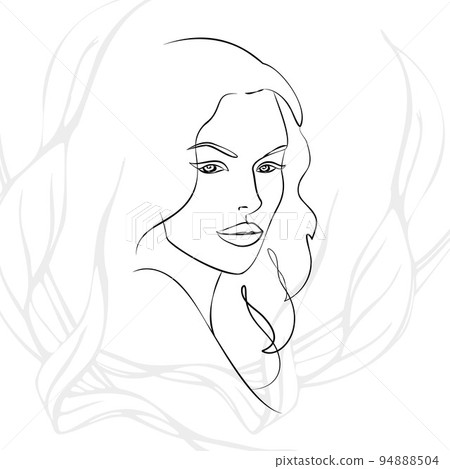 One continuous line hand drawn vector art with beautiful woman face in elegant curve. Black isolated on white background. Modern simplistic design for fashion, wall art, print, tattoo, cover, card. 94888504