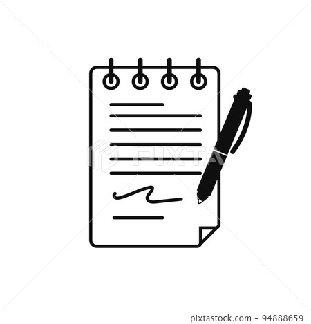 Writing notes icon. Black note on sheet of diary with pen 94888659