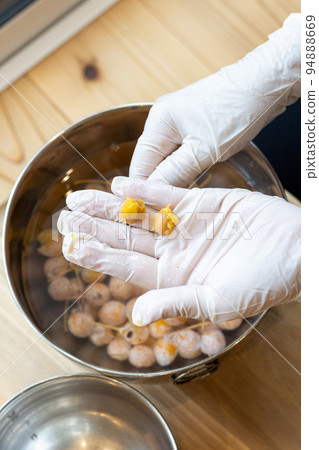 Soaking the collected ginkgo nuts in water to extract the seeds inside. Soaking the collected ginkgo nuts in water to extract the seeds inside. 94888669
