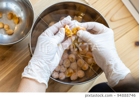 Soaking the collected ginkgo nuts in water to extract the seeds inside. Soaking the collected ginkgo nuts in water to extract the seeds inside. 94888746