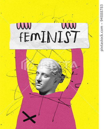 Contemporary art collage. Human silhouette with antique statue head rising sign with feminism manifestation 94888783