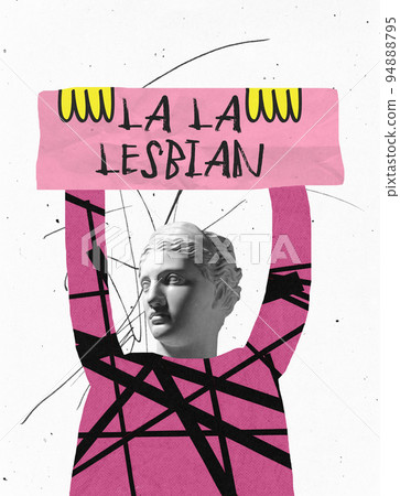 Contemporary art collage. Human silhouette with antique statue head rising sign of LGBT society 94888795