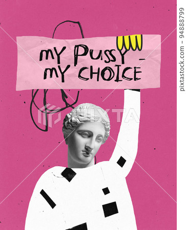 Contemporary art collage. Human silhouette with antique statue head rising sign meaning woman's freedom of choice 94888799