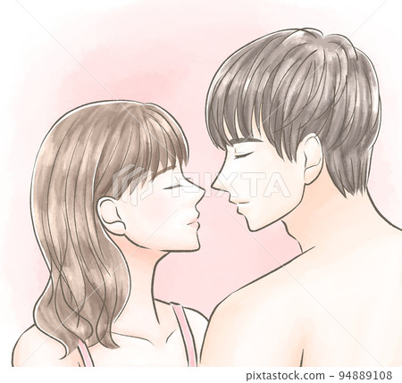 A man and woman in underwear facing each other with their eyes closed, with a background, in a watercolor style A man and woman in underwear facing each other with their eyes closed, with a background, in a watercolor style 94889108