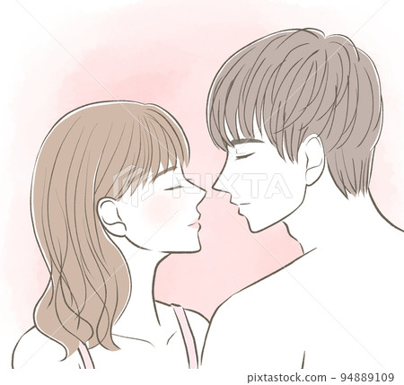 A man and woman in underwear facing each other with their eyes closed; there is a background 94889109