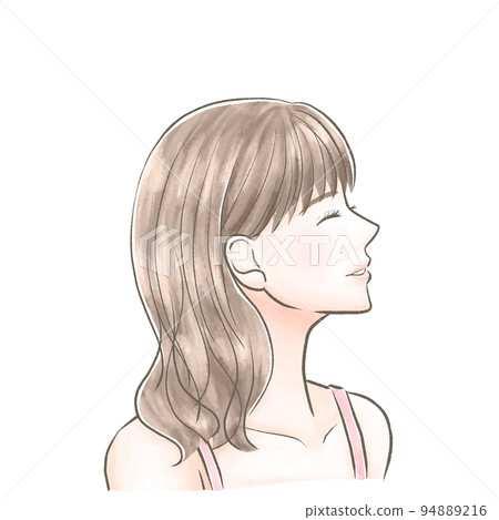 Woman in camisole looking sideways and laughing watercolor style 94889216