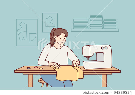 Female seamstress sewing on machine Female seamstress sewing on machine 94889554