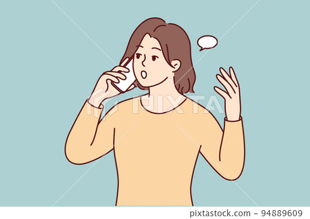 Woman talk on cellphone shocked with news 94889609