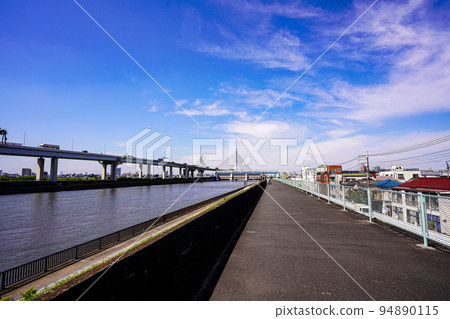Expressway and harp bridge from Nakagawa promenade flowing in Katsushika, Tokyo Expressway and harp bridge from Nakagawa promenade flowing in Katsushika, Tokyo 94890115