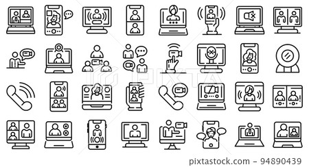 Video call icons set. Outline set of video call vector icons for web design isolated on white background 94890439