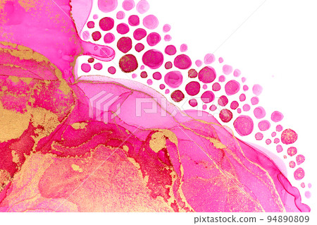Watercolor pink waves, swirls and drops with golden layers 94890809