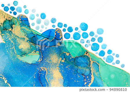 Abstract ocean foam print. Watercolor green and blue texture with gold glitter. 94890810