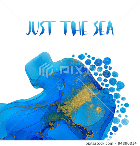 Abstract blue watercolor pattern with drops, blobs and golden parts in sea style 94890814