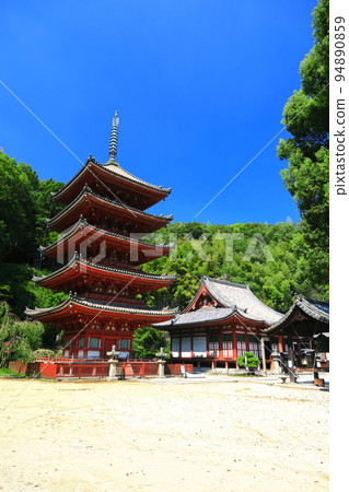 [Hiroshima Prefecture] The five-storied pagoda and main hall of Myo-in Temple in sunny weather 94890859