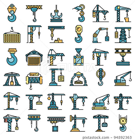 Crane icons set. Outline set of crane vector icons thin line color flat on white 94892363