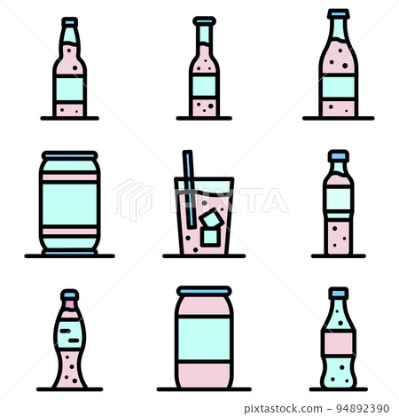 Soda icons set. Outline set of soda vector icons thin line color flat on white 94892390
