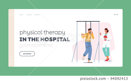 Physical Therapy in Hospital Landing Page Template. Injured Character with Disability Apply Treatment or Rehabilitation 94892413