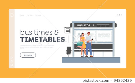 Bus Times and Timetables Landing Page Template. People on Bus Station, Man and Woman Characters Wait Commuter Transport Bus Times and Timetables Landing Page Template. People on Bus Station, Man and Woman Characters Wait Commuter Transport 94892429