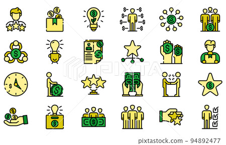 Crowdfunding icons set. Outline set of crowdfunding vector icons thin line color flat on white 94892477