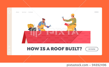 Roofers Construction Workers Landing Page Template. Men with Work Tools Roofing and Tiling Building Roof 94892496