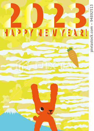 2023 年新年賀卡,上面有一隻可愛的簡單兔子、富士山、金色的天空和浮世繪風格的雲彩 2023 年新年賀卡,上面有一隻可愛的簡單兔子、富士山、金色的天空和浮世繪風格的雲彩 94892513