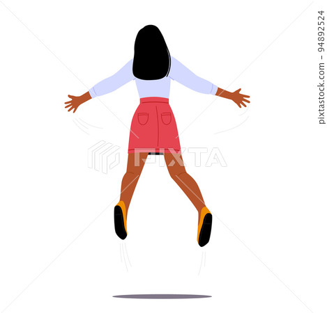 Happy Female Character Jump With Outspread Hands Rear View. Woman Celebrate Success, Cheerful Girl Feel Freedom Happy Female Character Jump With Outspread Hands Rear View. Woman Celebrate Success, Cheerful Girl Feel Freedom 94892524