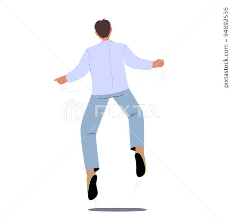 Happy Male Character Jump Back View, Celebrate Success, Victory, Sports Fan Or Businessman Adult Man In Casual Clothes Happy Male Character Jump Back View, Celebrate Success, Victory, Sports Fan Or Businessman Adult Man In Casual Clothes 94892536