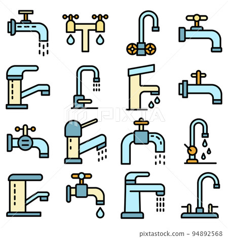 Faucet icons set. Outline set of faucet vector icons thin line color flat on white 94892568