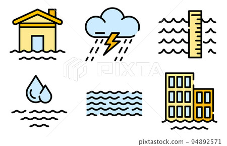 Flood icons set. Outline set of flood vector icons thin line color flat on white Flood icons set. Outline set of flood vector icons thin line color flat on white 94892571