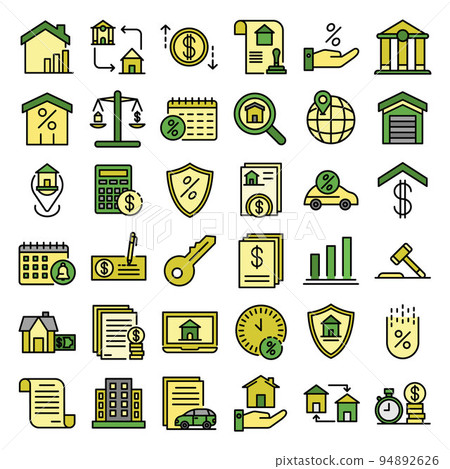 Mortgage icons set. Outline set of mortgage vector icons thin line color flat on white Mortgage icons set. Outline set of mortgage vector icons thin line color flat on white 94892626