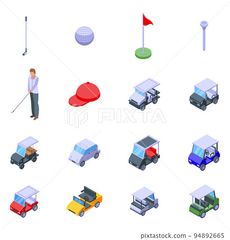 Golf cart icons set. Isometric set of golf cart vector icons for web design isolated on white background Golf cart icons set. Isometric set of golf cart vector icons for web design isolated on white background 94892665