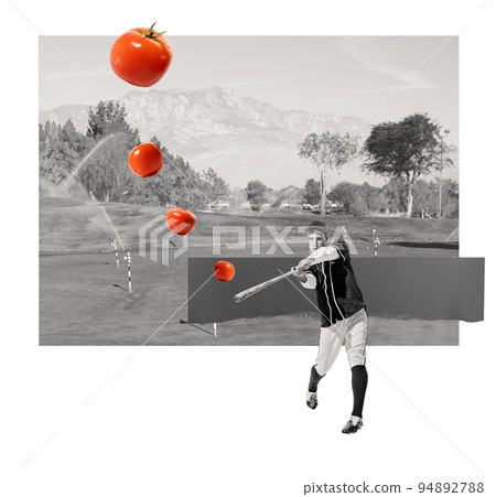 Contemporary art collage. Black and white image of young man, student, baseball player hitting tomatoes with bat Contemporary art collage. Black and white image of young man, student, baseball player hitting tomatoes with bat 94892788